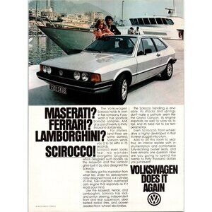 1980 VW Volkswagen Scirocco Vintage Print Ad Yacht Monte Carlo 80s Wall Art